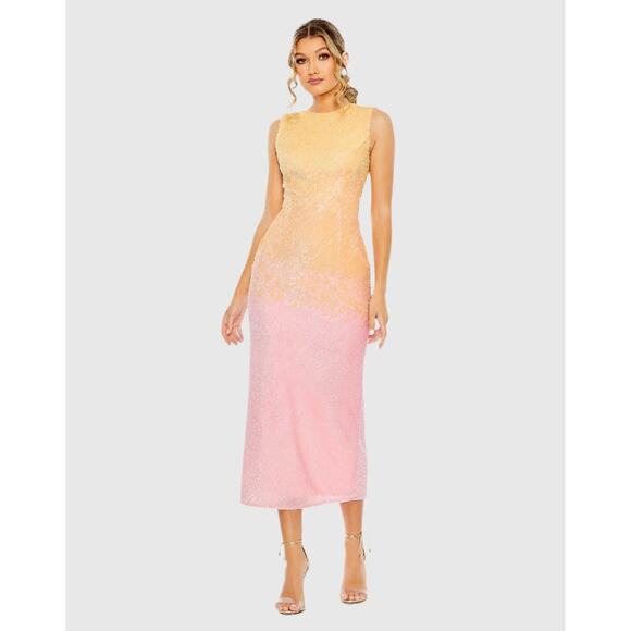 MAC DUGGAL Pink Yellow Ombre Sequin High Neckline Sleeveless Cocktail Dress sz 4 - Picture 1 of 9